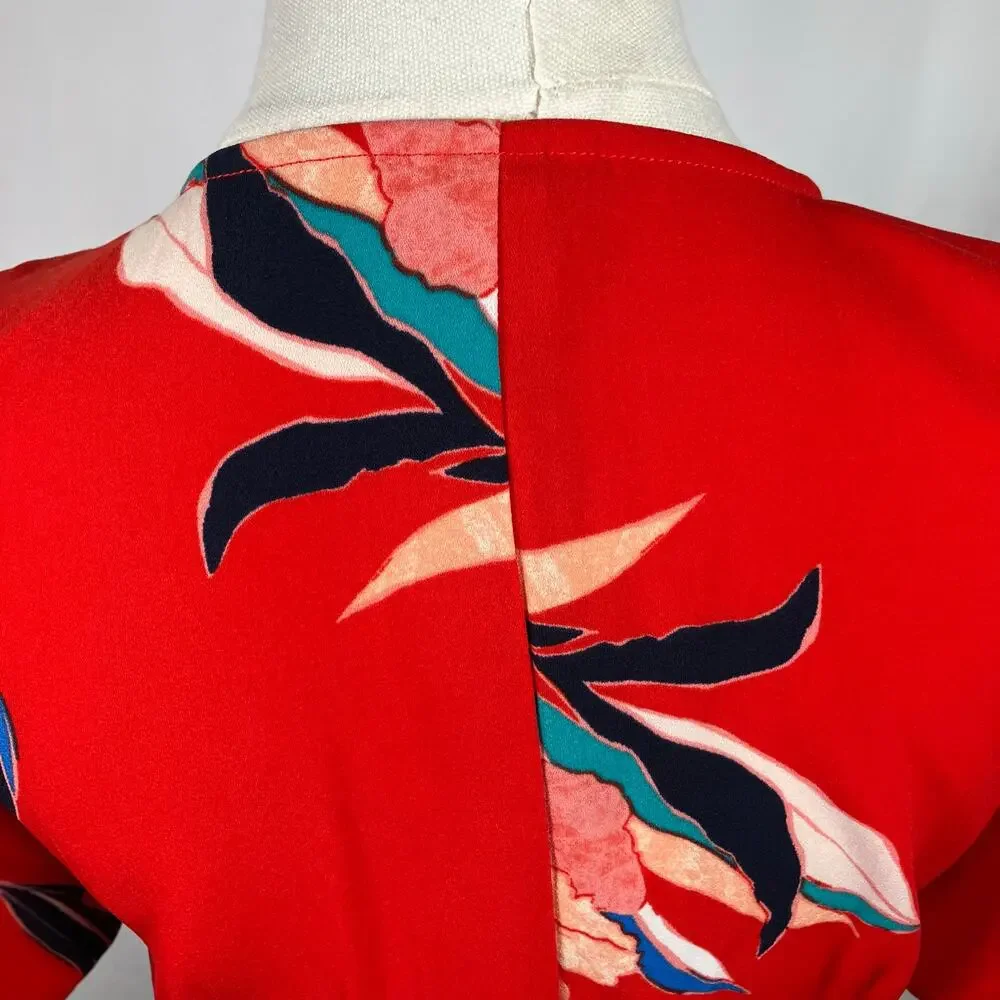 A New Day Red Floral Wrap Midi Dress XS Blue Pink‎ Tie Waist Short Sleeve New